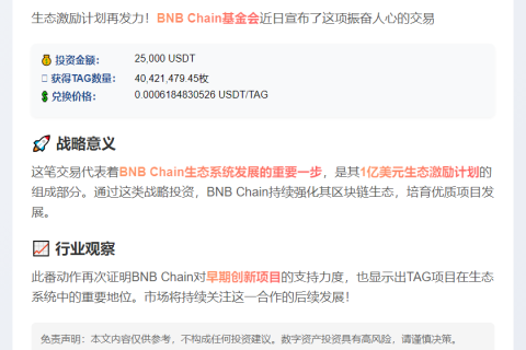 BNB基金会购2.5万TAG代币