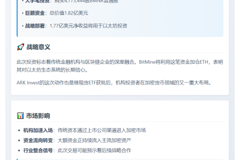 ARK Invest购入1.82亿美元BMNR股份推进以太坊财库