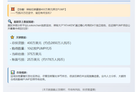 巨鲸400万美元购PUMP亏25万