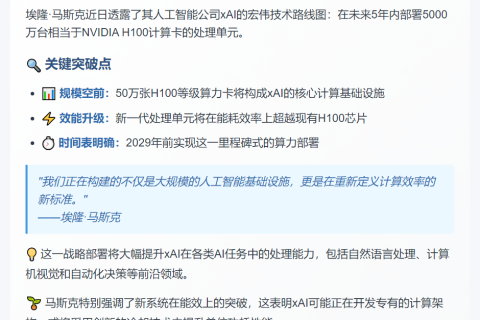 马斯克：xAI 5年内部署5000万H100算力