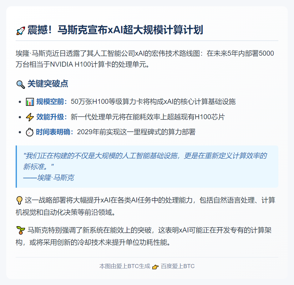 马斯克：xAI 5年内部署5000万H100算力