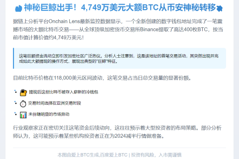 Binance转出400枚BTC价值4749万美元