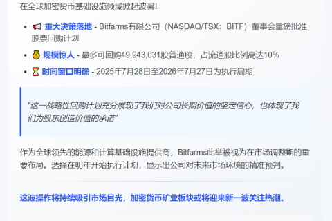 Bitfarms拟回购10%股份