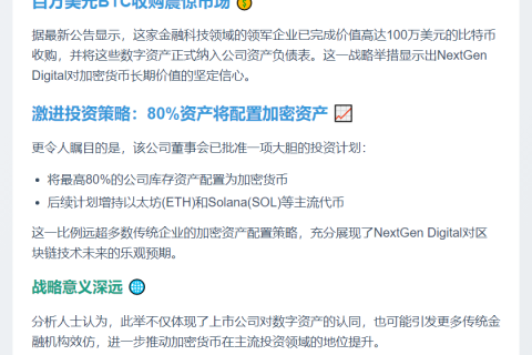 NextGen 收购百万美元比特币入账