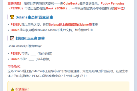 PENGU 超越 BONK，登顶 Solana Meme 币榜首