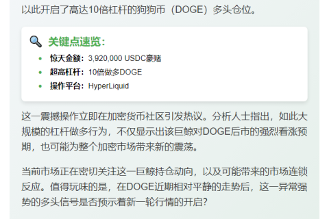 巨鲸押注DOGE：392万USDC十倍杠杆做多