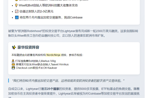 "欧洲投资应用Lightyear获2300万美元融资，拟推加密产品"