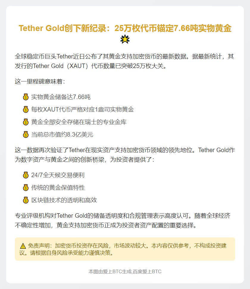 Tether Gold代币总量25万枚，7.66吨黄金支撑