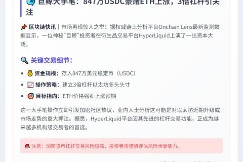 鲸鱼豪掷847万USDC三倍做多ETH
