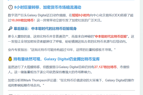 Galaxy Digital转超1万BTC至CEX