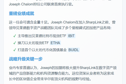 SharpLink任命前贝莱德数字资产负责人为联席CEO