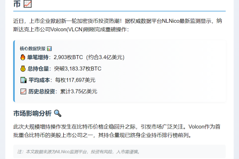 Volcon增持2903枚BTC，持仓达3183枚