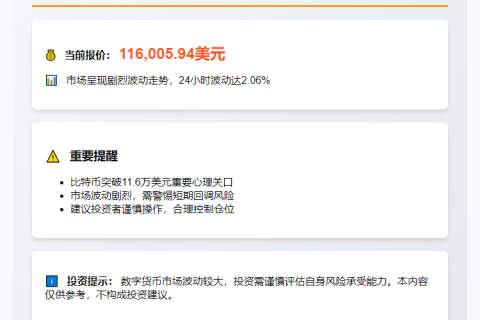 1. BTC冲破11.6万美元  
2. 比特币飙升破11.6万  
3. 11.6万！BTC新高