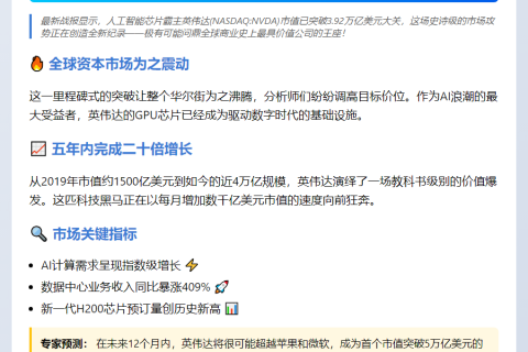 "NVIDIA市值破3.92万亿，或成全球第一"