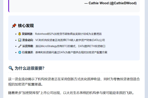 Cathie Wood：Robinhood奖励推高以太坊质押需求