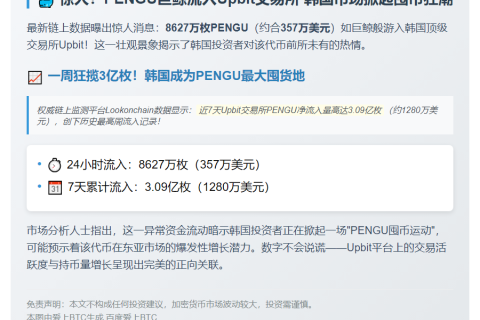 24小时内8627万枚PENGU流入Upbit，价值357万美元