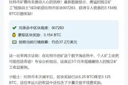 矿工独挖比特币区块，获37.2万美元