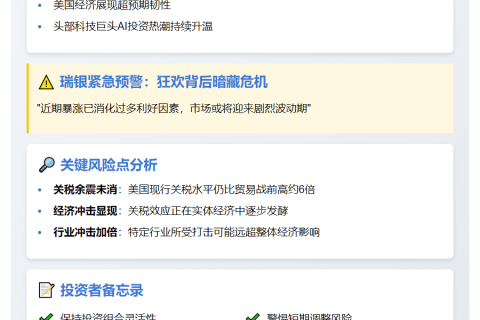 瑞银警示：未来几周市场波动风险上升