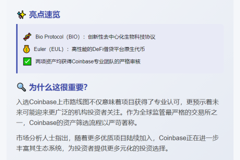 Coinbase新增BIO与EUL至上市路线图