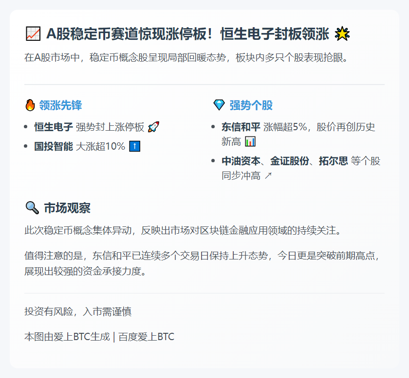 A股稳定币回暖 恒生电子涨停