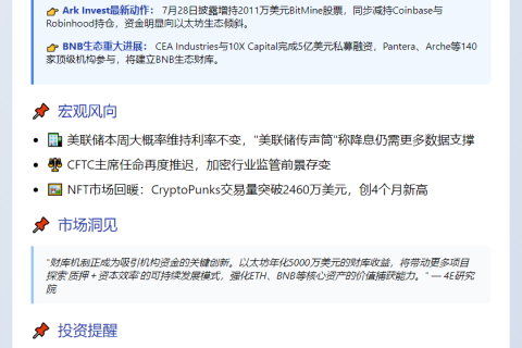 4E投资BNB生态：Ark增持BitMine、CEA与10X募资5亿