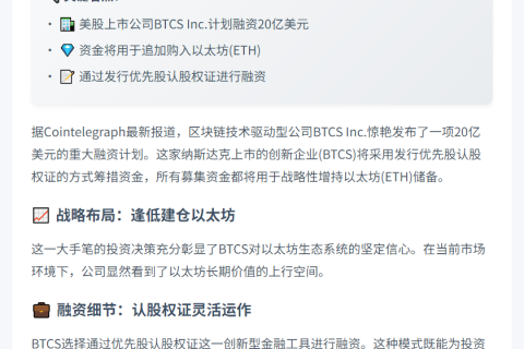 BTCS拟融资20亿美元持续加仓ETH