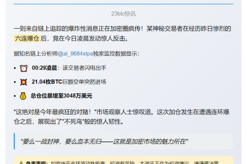 "一交易者凌晨加空21枚BTC 仓位超3000万美元"