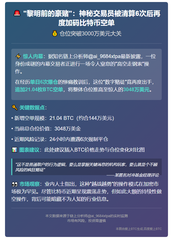 凌晨加仓21.04枚BTC空单，总仓位3048万美元