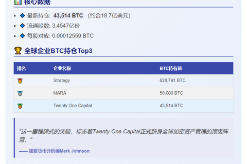 21控股比特币持仓达4.3万枚，跃居全球第三