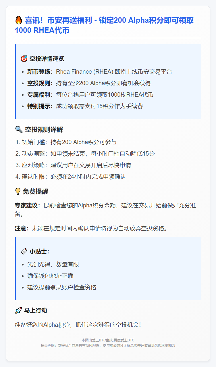币安Alpha积分用户可领1000RHEA空投