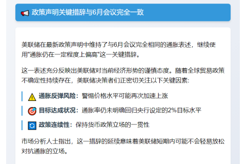 美联储维持6月通胀措辞不变