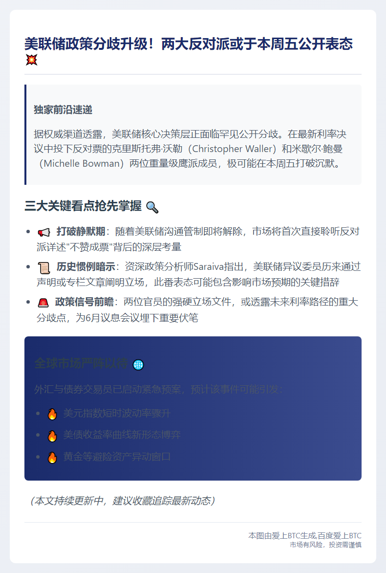 "美联储两位反对派周五或将发声"
