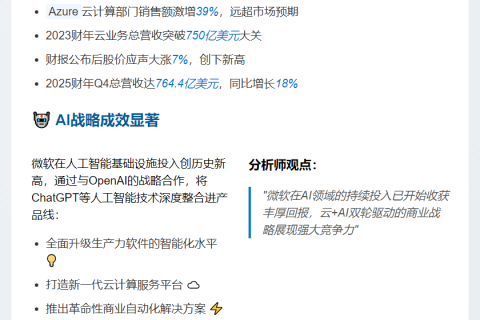 微软云业务大增 AI支出破纪录