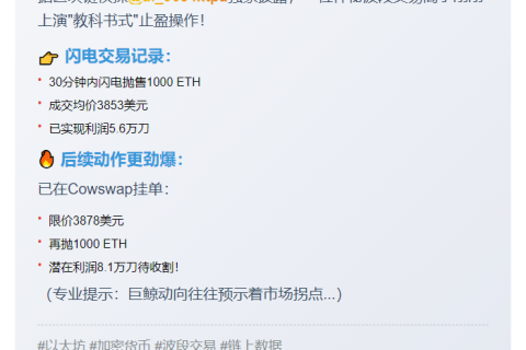 鲸鱼抛售1000枚ETH止盈