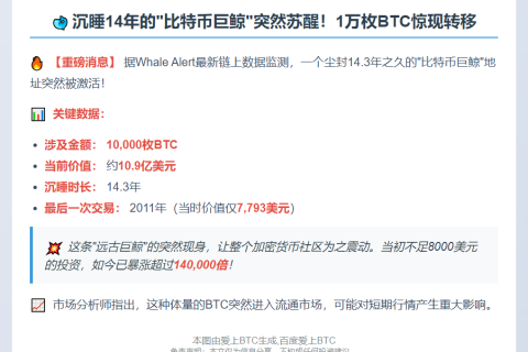 沉眠14年的1万比特币地址激活，曾值7793美元