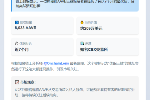 巨鲸7个月后再出手：209万美元AAVE转出CEX