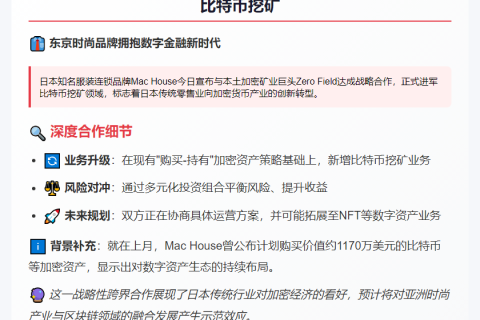 日本品牌Mac House联手Zero Field进军比特币挖矿