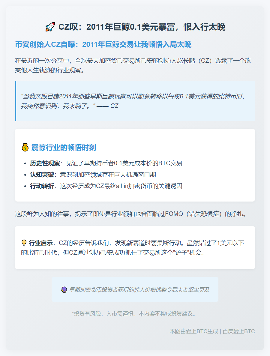 CZ叹：2011年巨鲸0.1美元暴富，恨入行太晚