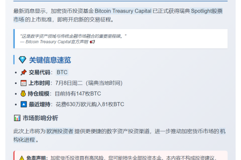 比特币基金获批瑞典上市，代码BTC