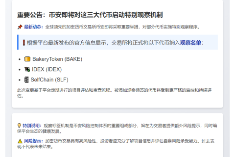 Binance为BAKE、IDEX、SLF加观察标签