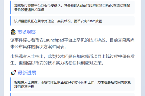 Binance：Palio代币上市遇阻，正全力解决