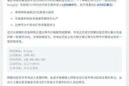 鲸鱼7小时转1200枚BTC至币安