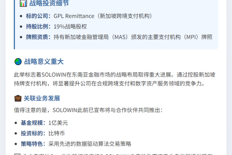 SOLOWIN收购新加坡GPL Remittance19%股权