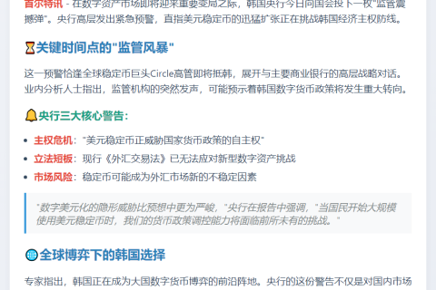 韩央行喊话：美元稳定币监管刻不容缓