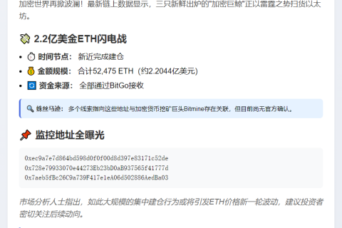 新建地址持仓5.2万ETH疑关联Bitmine