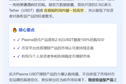 "Plasma USDT锁仓额度2.5亿售罄"