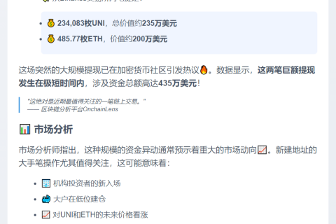**"新地址提取23.4万UNI及485ETH"**