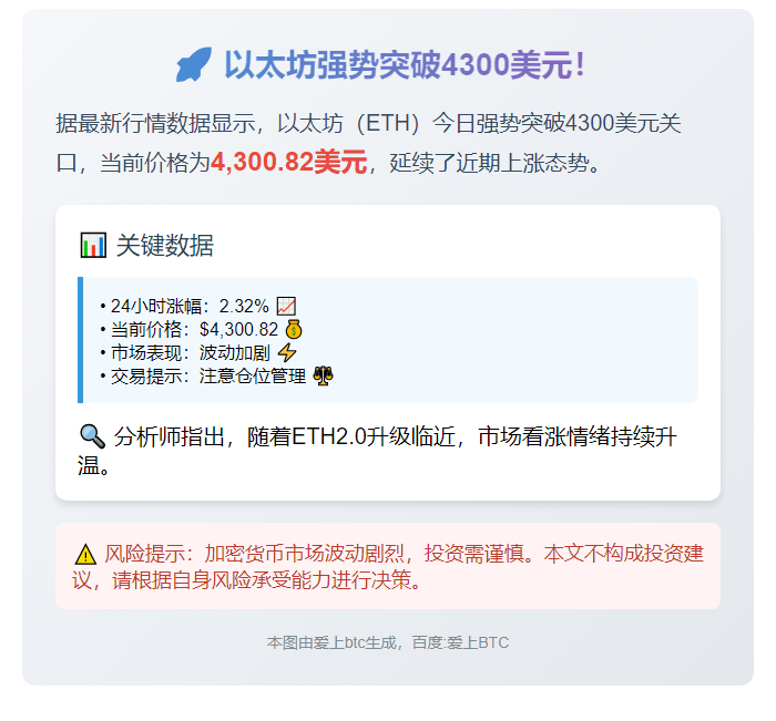 ETH突破4300美元