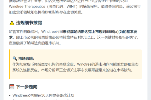 纳斯达克拟摘牌BNB财库Windtree