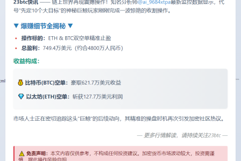 巨鲸10单空盈749万美元
